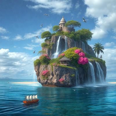The primary subject of the image is a large island with a castle on top, surrounded by water. The island is covered in lush greenery and features a waterfall. The setting is a beautiful blue ocean, and the visual style is a digital art illustration. The colors and mood of the image are vibrant and serene, with the blue ocean and greenery creating a sense of tranquility and wonder.